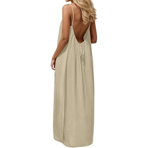 Image of HTHLVMD Backless Cami Dress Summer Dresses for Women 2026 Spaghetti Strap Dresses Womens Solid Color Backless Cami Dress