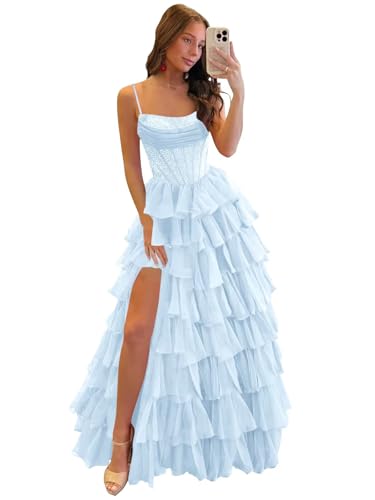 Tiered Prom Dresses 2026 Princess Ruffles Beaded Sparkly Split Evening Dress Layered Formal Gown Light Blue US6
