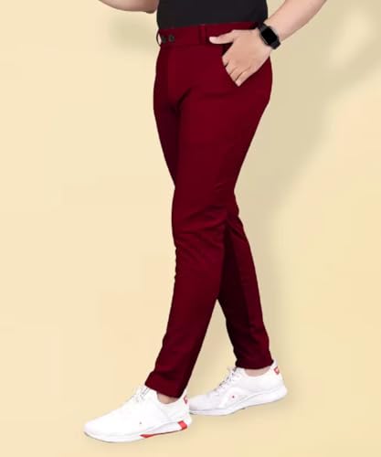 Image of Men's Slim Fit Formal Trousers with Mid-Rise Waist and Lycra Blend | Solid Pattern and Button Closure | Ideal for Office, Business, and Everyday Wear