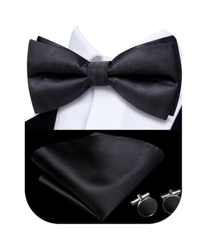 Image of Hi-Tie Pre-Tied Bowties for Men Silk Bow Ties and Pocket Square Cufflinks Set Mens Wedding Party Formal,Black