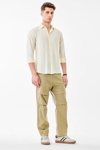 Image of SNITCH Men Casual Trousers | Baggy Fit Wide-Leg Relaxed Style with Textured Pattern & Utility Pockets | Cotton Blend Fabric for Summer & Everyday Comfort