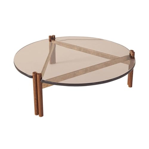 ruyi-1986 Mesas auxiliares Mesa de Centro Moderna, Tapa Redonda Cristal Transparente con Base Madera Cruzada, Sala Estar Minimalista(Pequeño)
