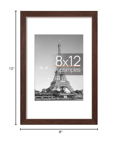 Image of upsimples 8x12 Picture Frame, Display Pictures 6x8 with Mat or 8 x 12 Without, Wall Hanging Photo Frames, Brown, 1 Pack