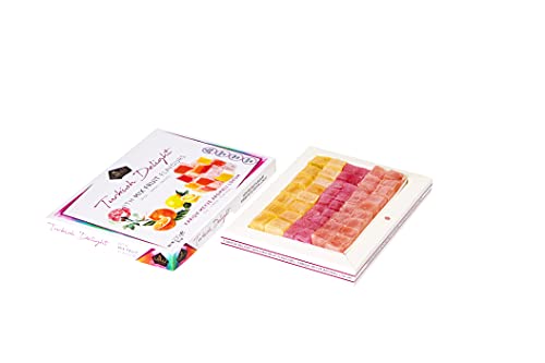 Cerez Pazari Turkish Delight with Rose, Orange and Lemon Mix Flavours 230g, Gourmet Small Size Snacks Gift Box, No Nuts Sweet Confectionery Vegan Soft Candy Dessert Glucose Free Lokum