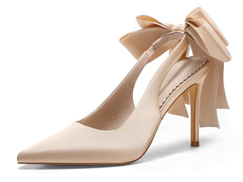Image of Coutgo Womens Slingback High Heels with Bow Closed Pointed Toe Wedding Bride Dress Shoes Satin Pumps