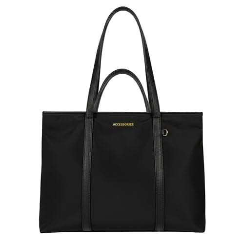 Image of Accessorize London Women's Black Kris Nylon Work Tote | water-resistant Shoulder Bag | Stylish Casual & Travel Handbag