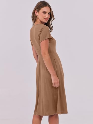 Image of ANRABESS Women Summer Dress Casual Short Sleeve V Neck A-Line Knee Length Pleated Flowy 2026 Fashion Midi Dresses with Pocket