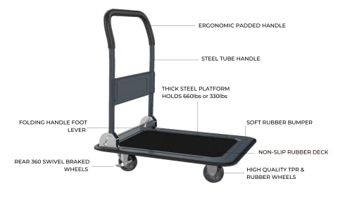 Titant Foldable Push Cart Dolly (660 Lbs Weight Capacity) Hand Truck With 360° Swivel Braked Wheels. Platform Trolley For Loading, Lifting, Carrying, Warehouse, Office, Home, Garden. #TOP1