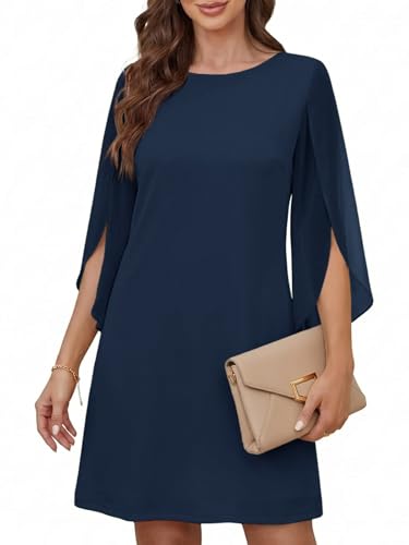 Cicy Bell Damen Rundhals Cocktailkleid Elegant Kleid Mesh 3/4 Arm Partykleid Einfarbig Freizeitkleid Knilang Sommerkleid Dunkelblau L