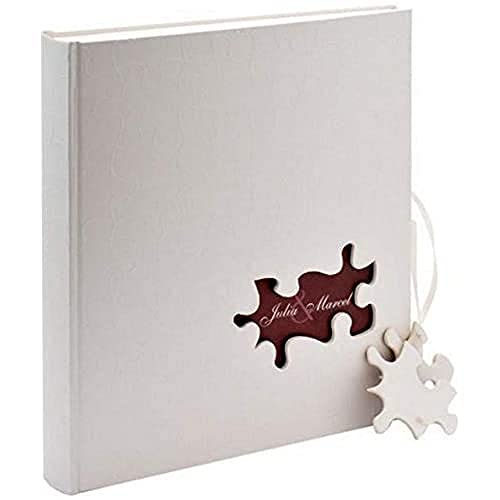 Walther design UH-173 Puzzle Book Bound Wedding Album with Linen Cover & Puzzle Pendant on Satin Ribbon, 2 Illustrated Introduction Pages, 11 x 12 inch (28 x 30.5 cm), 60 White Pages,