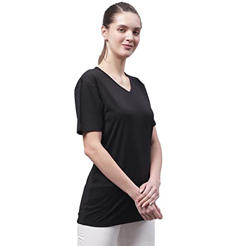 Image of Mack Jonney Women V Neck Cotton Solid Regular Fit T-Shirt-V Anthraa 001-P