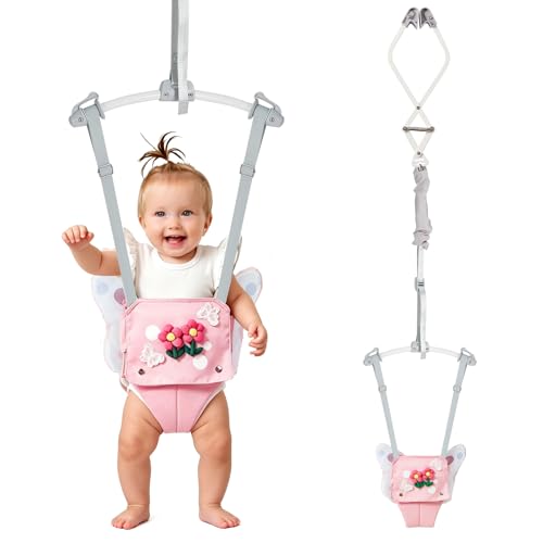 FUNLIO Baby Türhopser für 624 Monate (mit Türklemme) Baby Jumper mit starker Feder/verstellbarem Riemen einfach zu montieren und zu lagern Baby Hopser Tragfähigkeit 18 kg Rosa Schmetterling