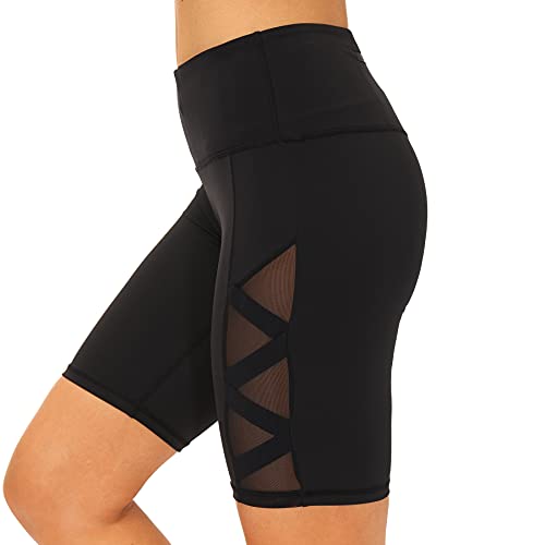 romansong Mesh Biker Shorts with Pockets for Women High Waist,Women s Workout Leggings Sexy lace Fishnet Running Gym Athletic Active Yoga Pants with Design Black