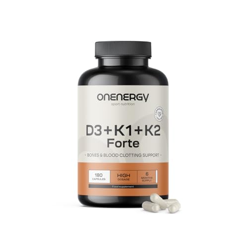OnEnergy Vitamine D3 + K1 + K2 FORTE - 180 Pflanzliche Kapseln - Unterstützung für Knochen, Muskeln und Immunsystem - Synergie der Vitamine - Unterstützung der Blutgerinnung - 6-monatiger Vorrat