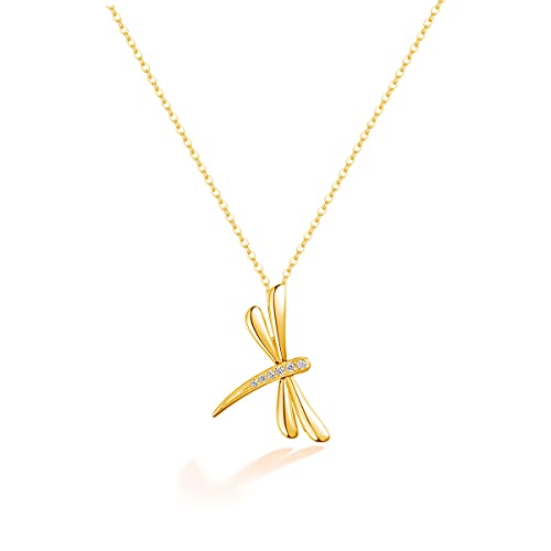 FANCIME 14K Real Solid Gold Necklace with Dragonfly Diamond Pendant Fine Jewelry Promise Anniversary Birthday Christmas Gifts for Her Women Girls Adjustable Chain 16