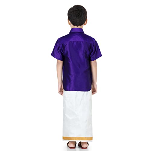 Image of BownBee Kids Boys Solid Half Sleeve Shirt with lining with Kasavu Mundu Set -Indian Traditional Party Wear South Indian Style