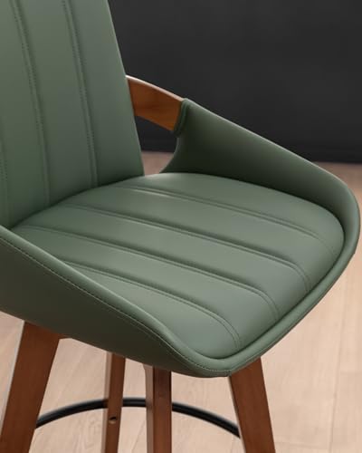 Image of AQG Green Bar Stools 30 Inch Set of 4 Leather Bar Height Stools with Backs, Mid Century Modern Swivel Bar Chairs, Upholstered Barstools Wood Frame for Kitchen Island
