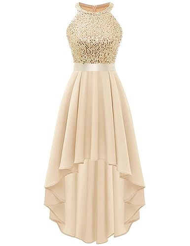 Dressystar Women's Sequin Halter Cocktail Prom Dresses Hi-Lo Sparkly Glitter Homecoming Bridesmaid Wedding Dress