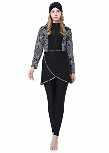 Highdi 3 Pièces Musulman Maillot de Bain Femmes Islamiques Burkini Couverture Complète Burqini Swimwear Hijab Impression Beachwear pour Femmes, Noir, 3XL Cover
