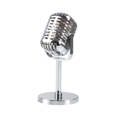 NiuLumea Microphone de simulation : pour microphone rétro classique pour chant dynamique, doré/noir/argent, 16,5 x 5,1 cm, style vintage non fonctionnel avec support décoratif, photographie, fête rock
