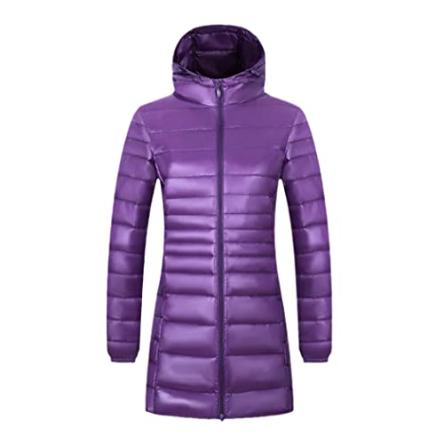 Manteau long en duvet ultra léger XXL violet pour femme avec sac de transport