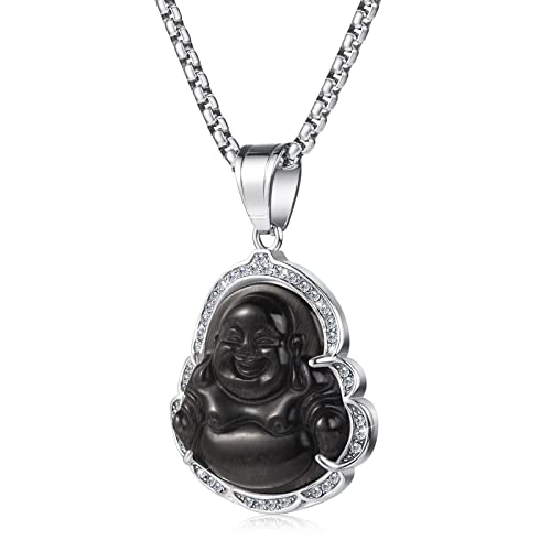 Collier Bouddha rieur œil-de-chat contre les mauvaises ondes avec une amulette protectrice 60 cm
