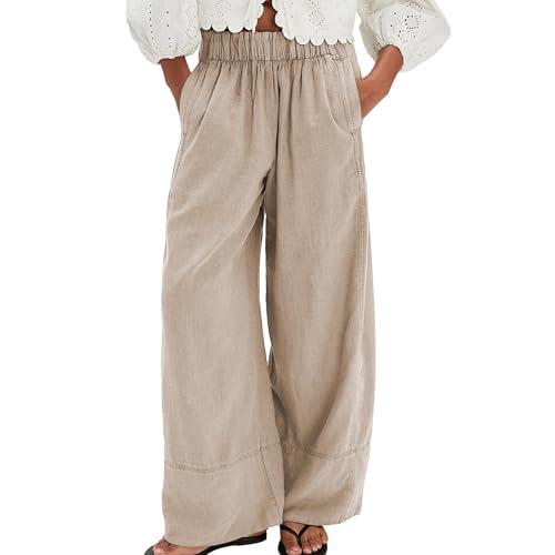 Songling Wide Leg Linen Pants for Women Summer Cotton Casual Palazzo Pant Boho Flowy Beach Pants with Pockets