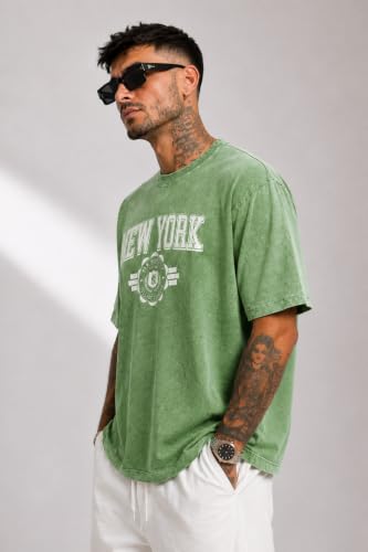 Image of London Hills Men's Oversized t Shirt for Men Graphic T-Shirt | Acid Wash Printed Men T-Shirts | Tshirt for man Round Neck Half Sleeve Pure Cotton Casual Mens tees | Off Shoulder Tshirt Shirts man