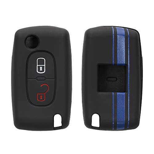 Preisvergleich Produktbild kwmobile Autoschlüssel Hülle kompatibel mit Peugeot Citroen 2-Tasten Klapp Autoschlüssel Hülle - Schlüsselhülle Rallystreifen Sidelines Blau Schwarz
