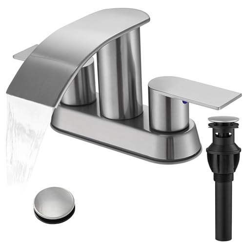 Waterfall Bathroom Sink Faucet 4 Inch Brushed Nickel Faucet Bathroom with Pop Up Drain 2 or 3 Holes Bathrooms Basin Lavatory Mixer Tap with Deck Mount Plate