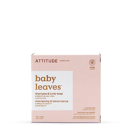 ATTITUDE Plastic-Free Baby Shampoo and Body Soap Bar, EWG Verified, Dermatologically Tested, Vegan, Unscented, 3 Ounces