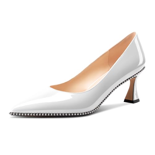 Image of TNYNFBEB Womens Kitten Heel Pointed Toe Pumps Slip-on Sliver Beaded Prom Wedding Dress Basic Classic Patent Leather Summer 2.6 Inches Heels