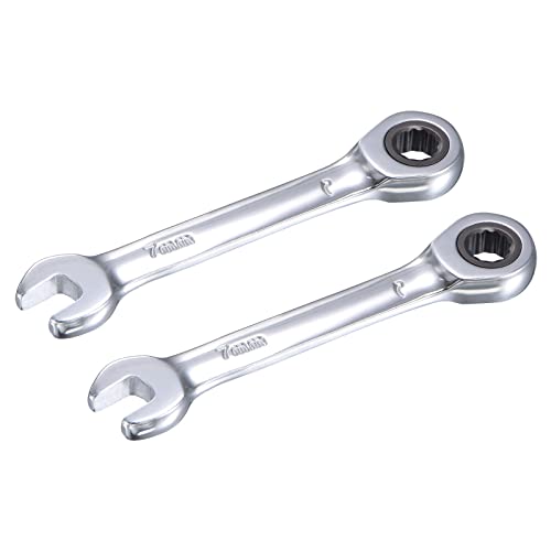 uxcell 7mm Stubby Ratcheting Combination Wrench Metric 72 Teeth 12 Point Box Ended Tools, CR-V 2 Pcs