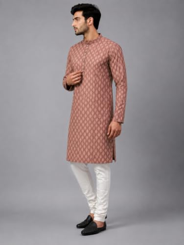 Image of LATEST CHIKAN Men's Silk Chikankari Kurta with Cream Churidar | Festive Set - KP Silk BANARSI