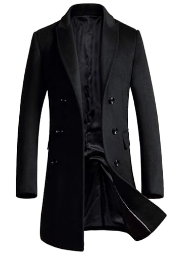 ebossy Men's Notched Lapel Wool Blend Coat Double Breasted Mid Long Overcoat with Pocket