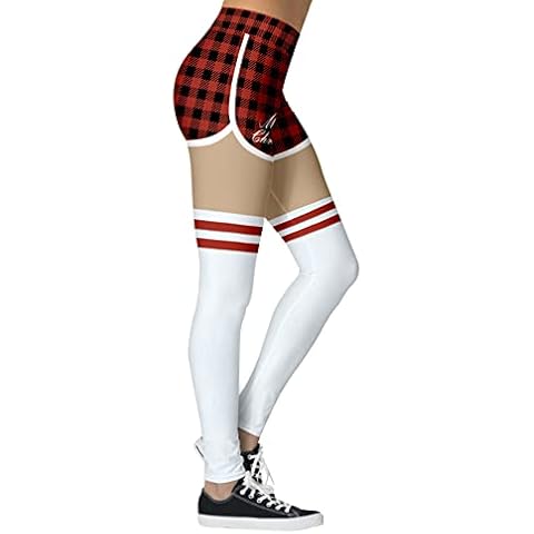 Womens Funny Printed Ugly Christmas Leggings Santa Claus Snowman Deer Holiday High Waist Slim Fit Xmas Tights Pants, Red-stocking, S Cover