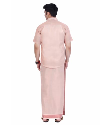 Image of Men's Traditional Indian Shirt and Dhoti Set, Half Sleeves Tissue Silk Cotton Shirt With Dhoti 2 metres for men