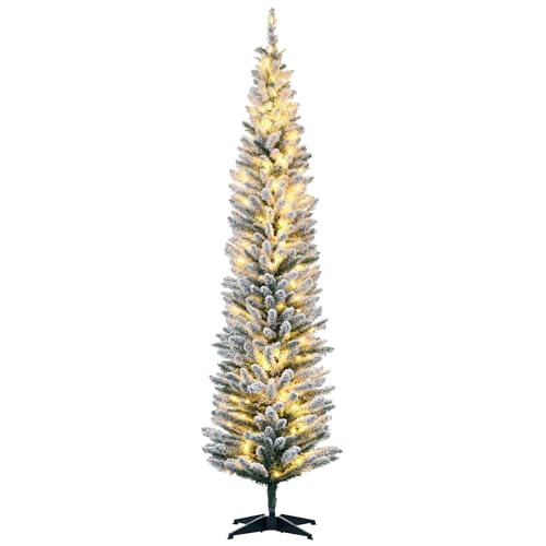 HOMCOM 7' Tall Pre-Lit Slim Noble Fir Artificial Christmas Tree with 210 Warm White LED Lights and 499 Tips, for Christmas Decoration, Green