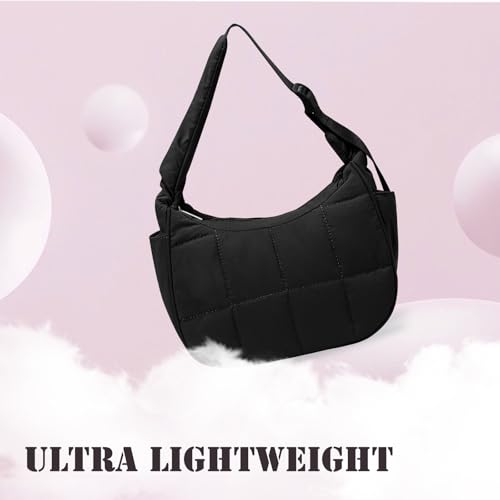 Image of Small Puffer Crescent Underarm Shoulder Bag for Women, Nylon Quilted Purses Handbags with Adjustable Strap, Black