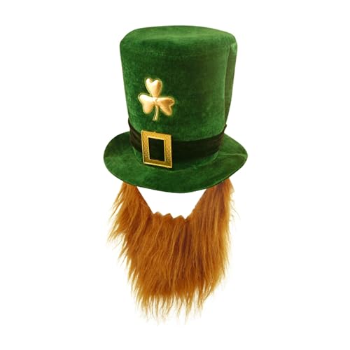 Lizzy Green Velvet Top Hat with Beard Shamrock Clover Fancy Dress Hat St Patricks Day Costume Accessory Leprechaun Style Party Hat One Size Unisex Novelty Event Headwear