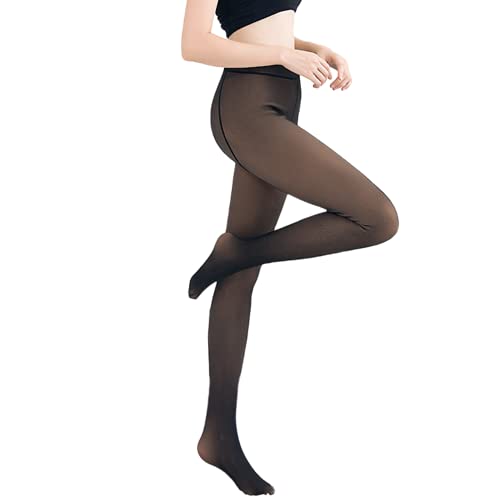 Women Warm Fleece Pantyhose Fake Translucent Stretchy High Waist Sheer Tights (Black Pantyhose,Winter)