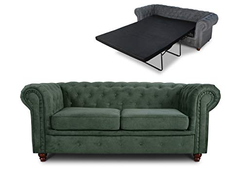 Schlafsofa Chesterfield Asti Bis 2-Sitzer, Sofa mit Schlaffunktion, Couch 2-er, Couchgarnitur, Sofagarnitur, Holzfüße, Glamour (Grün (Capri 74))