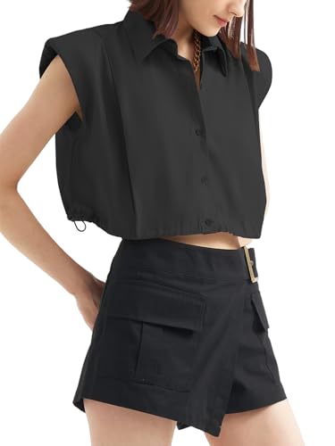 Tankaneo Womens Sleeveless Button Down Shirts Casual Loose V Neck Pad Shoulder Crop Tank Top2
