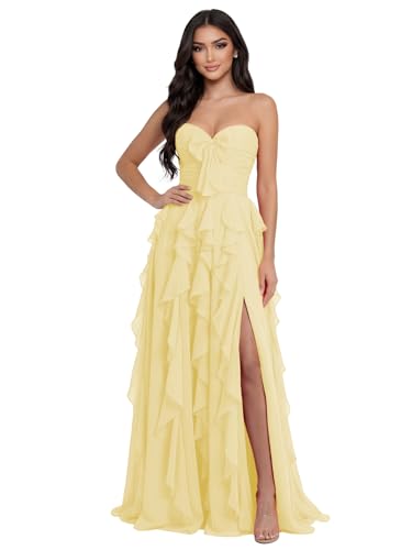 Uorwocy Butter Yellow Strapless Tiered Prom Dress for Teens 2026 Ruffles Chiffon Slit Pleats Formal...