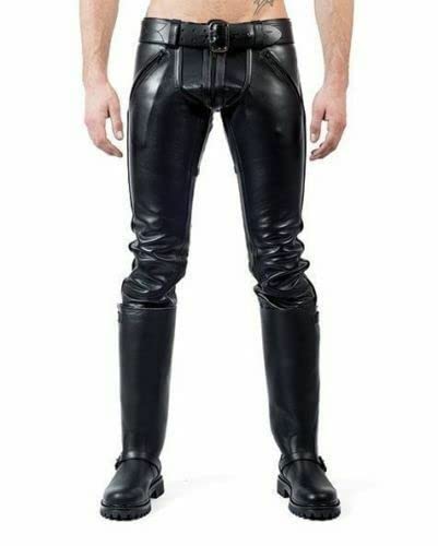Mount Helicon Men's Thick Cowhide Leather Pants Trouser Jeans BLUF Gay Stripes Padded Rear Zip Bikers All Season Double Zip