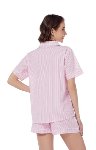 Image of LUBOT 100% Cotton Pajamas for Women 2 Piece PJ Set Poplin Woven Lightweight Ladies Button Short Sleeve Sleepwear S-XXL
