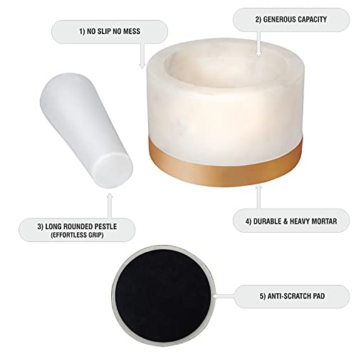 Divit Shilp Mortar And Pestle, Made Of Heavy Duty Polished Hard Stone, Natural Stone Grinder For Spices, Pastes, Herbs, Seasoning Etc. (Marble With Brass Base) #TOP5