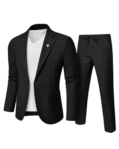 YND Men's 2 Pieces Linen Suit Regular Fit, Two Buttons Lightweight Jacket and Pants for Beach Wedding, Casual, or Summer Time