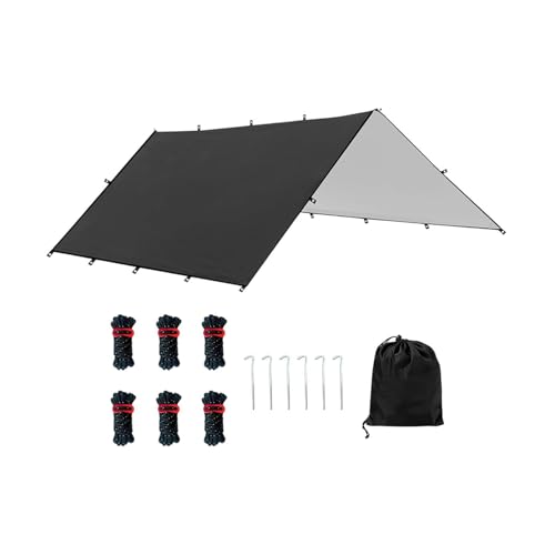 Menolana Camping Tent Tarp Multifunctional with 6 Stakes and 6 Ropes Foldable Sun Canopy Waterproof for Climbing Fishing Lightweight, Black L