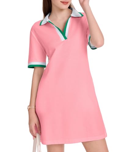 Image of WOWULOVELY Polo Dress for Women V Neck Casual Short Sleeve Mini Shirt Dress Flowy Contrast Color Golf Tennis A Line Dresses